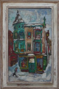 18 x 30", Oil on Canvas. Building across from George's studio at 1615 North Wells St., Chicago, IL. 1946.